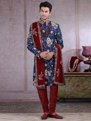 Тёмно-синий индийский мужской костюм из шёлка-сырца