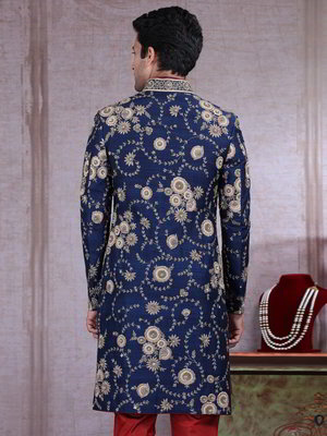 Тёмно-синий индийский мужской костюм из шёлка-сырца