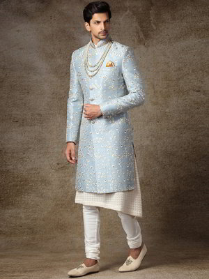 Синий индийский свадебный мужской костюм из шёлка-сырца