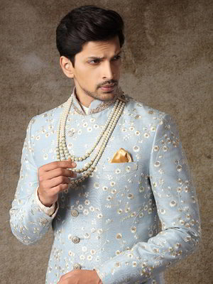 Синий индийский свадебный мужской костюм из шёлка-сырца