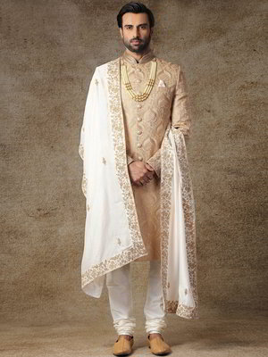 Коричневый шёлковый индийский свадебный мужской костюм