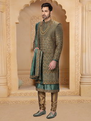 Тёмно-зелёный индийский свадебный мужской костюм из шёлка-сырца, украшенный вышивкой люрексом с пайетками