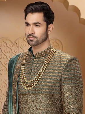 Тёмно-зелёный индийский свадебный мужской костюм из шёлка-сырца, украшенный вышивкой люрексом с пайетками