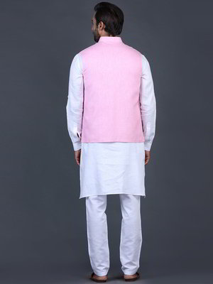 Розовый льняной национальный мужской костюм с жилетом