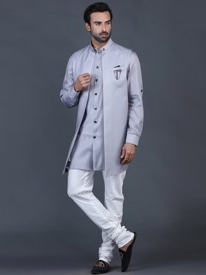 Серый хлопко-шёлковый национальный мужской костюм с жилетом