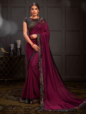 Фиолетовое индийское сари из креп-жоржета и шёлка, украшенное вышивкой