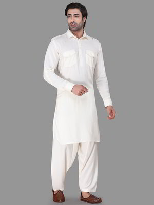 Кремовый хлопковый индийский национальный мужской костюм