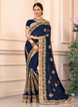 Тёмно-синее индийское сари из креп-жоржета со стразами