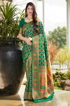 *Зелёное оригинальное красивое индийское сари из жаккардовой ткани и шёлка