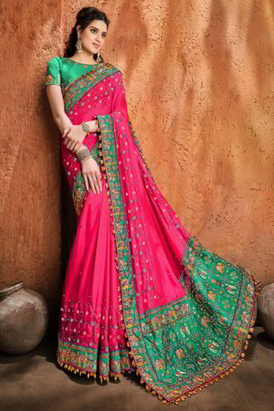 Розовое и цвета фуксии атласное индийское сари, украшенное вышивкой