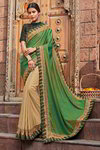 *Зелёное и кремовое интересное красивое современное индийское сари из креп-жоржета и атласа, украшенное вышивкой