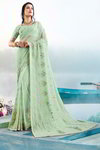 *Светло-зелёное красивое современное индийское сари из креп-жоржета, украшенное вышивкой