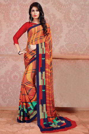 Разноцветное индийское сари из креп-жоржета