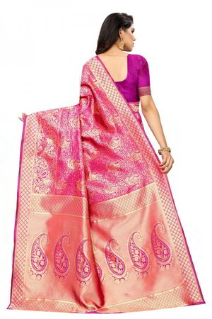 Розовое и цвета фуксии шёлковое, жаккардовое и атласное индийское сари