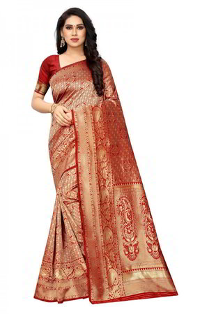 Красное индийское сари из шёлка и жаккардовой ткани
