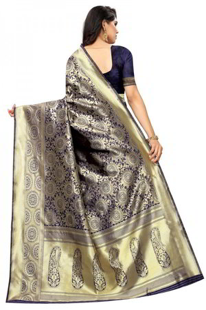 Тёмно-синее индийское сари из шёлка, жаккардовой ткани и атласа