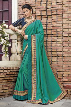Сине-зелёное индийское сари из креп-жоржета и атласа, украшенное вышивкой