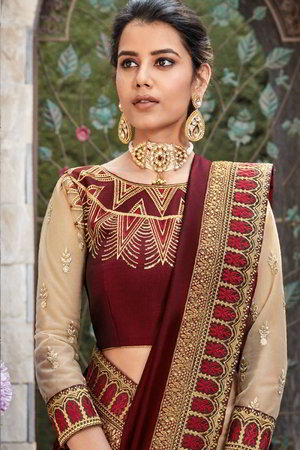 Бордовое и кремовое индийское сари из креп-жоржета и атласа, украшенное вышивкой