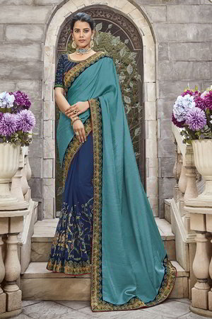Голубое и синее индийское сари из креп-жоржета и атласа, украшенное вышивкой