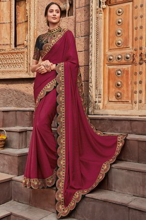 Розовое и цвета фуксии индийское сари из креп-жоржета и атласа, украшенное вышивкой