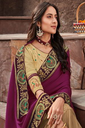 Фиолетовое и кремовое индийское сари из креп-жоржета и атласа, украшенное вышивкой