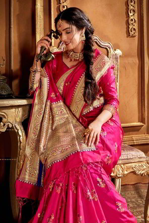 Розовое и цвета фуксии индийское сари из шёлка и жаккардовой ткани