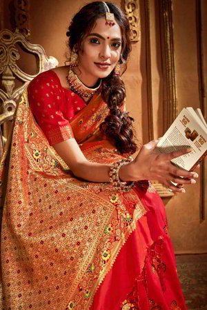 Красное шёлковое индийское сари, украшенное вышивкой