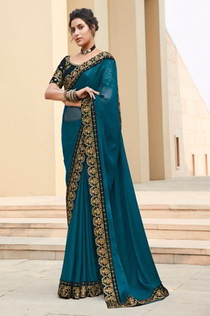 Аквамариновое и синее индийское сари из креп-жоржета и атласа, украшенное вышивкой
