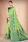 *Цвета зелёного попугая красивое простое индийское сари из хлопка с шёлком и жаккардовой ткани
