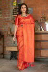 *Оранжевое оригинальное красивое индийское сари из шёлка и жаккардовой ткани