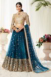 *Аквамариновый и синий индийский женский свадебный костюм лехенга (ленга) чоли из фатина, украшенный вышивкой