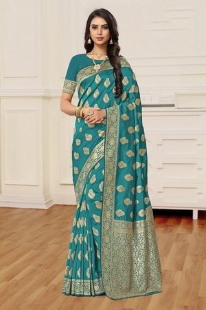 Голубое индийское сари из шёлка и жаккардовой ткани
