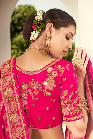 Розовый и цвета фуксии жаккардовый и шёлковый индийский женский свадебный костюм лехенга (ленга) чоли, украшенный вышивкой