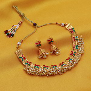 Зелёное, и красное позолоченное индийское украшение на шею (набор)