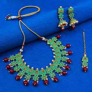 Зелёное позолоченное индийское украшение на шею (набор) со стразами, перламутровыми бусинками
