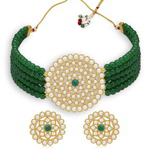 Золотистое индийское украшение на шею (набор) с перламутровыми бусинками