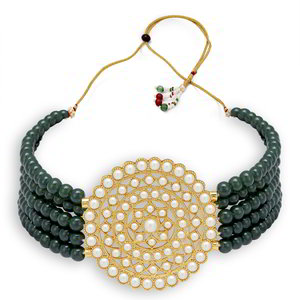 Золотистое индийское украшение на шею (набор) с перламутровыми бусинками