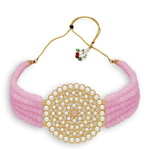 Золотистое индийское украшение на шею (набор) с перламутровыми бусинками