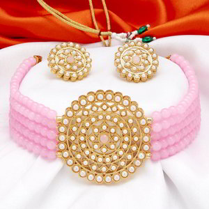 Золотистое индийское украшение на шею (набор) с перламутровыми бусинками