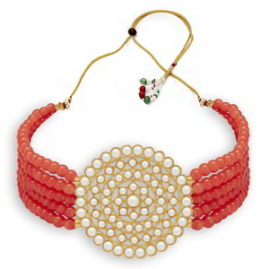 Золотистое индийское украшение на шею (набор) с перламутровыми бусинками