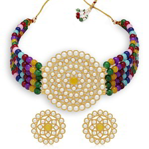 Золотистое индийское украшение на шею (набор) с перламутровыми бусинками