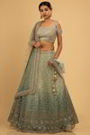 *Зелёный индийский женский свадебный костюм лехенга (ленга) чоли из шёлка и фатина, украшенный вышивкой со стразами, кусочками зеркалец