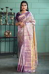 *Фиолетовое и золотое шёлковое парчёвое эксклюзивное шикарное вечернее свадебное индийское сари, украшенное вышивкой люрексом