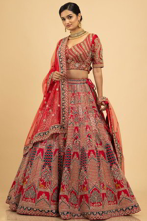 Красный национальный индийский женский свадебный костюм лехенга (ленга) чоли, вышитый шёлком с пайетками, перламутровыми бусинками и стразами