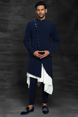 Тёмно-синий индийский свадебный мужской костюм / шервани из лайкры