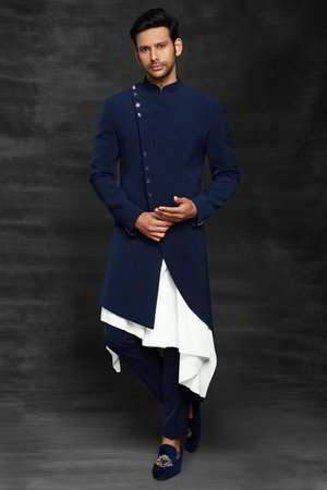Тёмно-синий индийский свадебный мужской костюм / шервани из лайкры