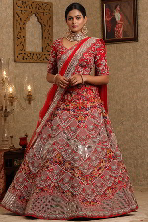 Красный национальный индийский женский свадебный костюм лехенга (ленга) чоли из натурального шёлка, украшенный вышивкой с пайетками и стразами