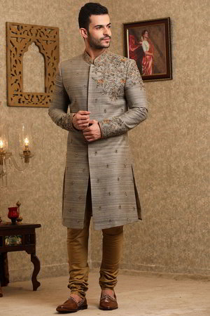 Серое шервани + горчичные чуридары