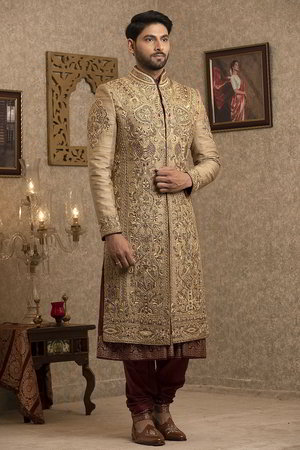 Цвета хаки шёлковый индийский свадебный мужской костюм / шервани, украшенный вышивкой люрексом со стразами