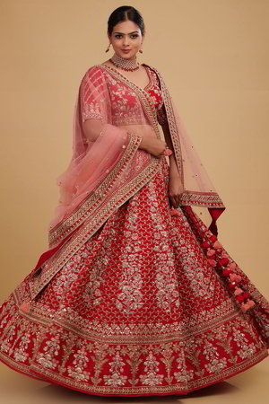 Красный национальный индийский женский свадебный костюм лехенга (ленга) чоли с рукавами до локтя, украшенный вышивкой с пайетками, бисером и стразами
